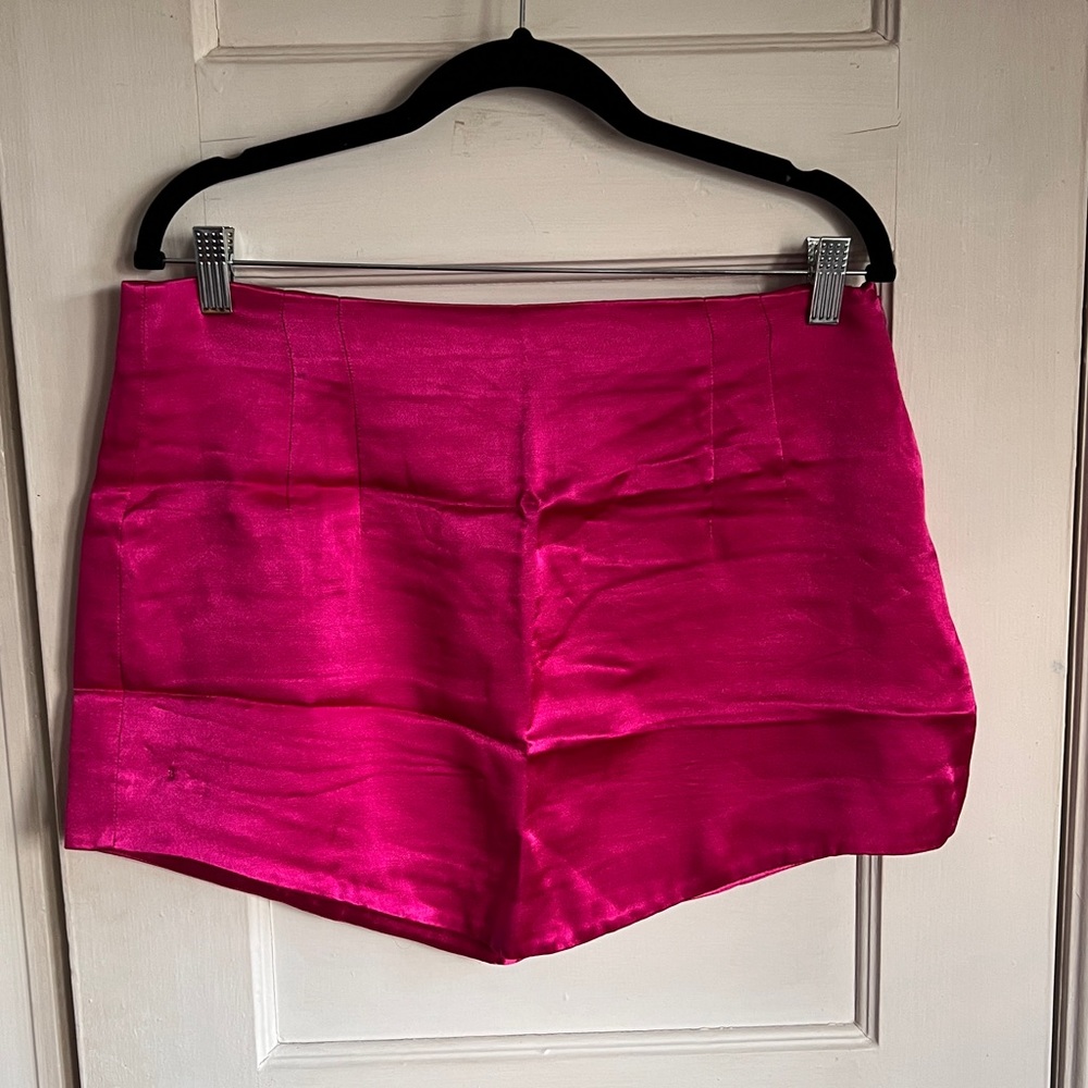 Pink Asymmetrical Satin Mini Skirt
